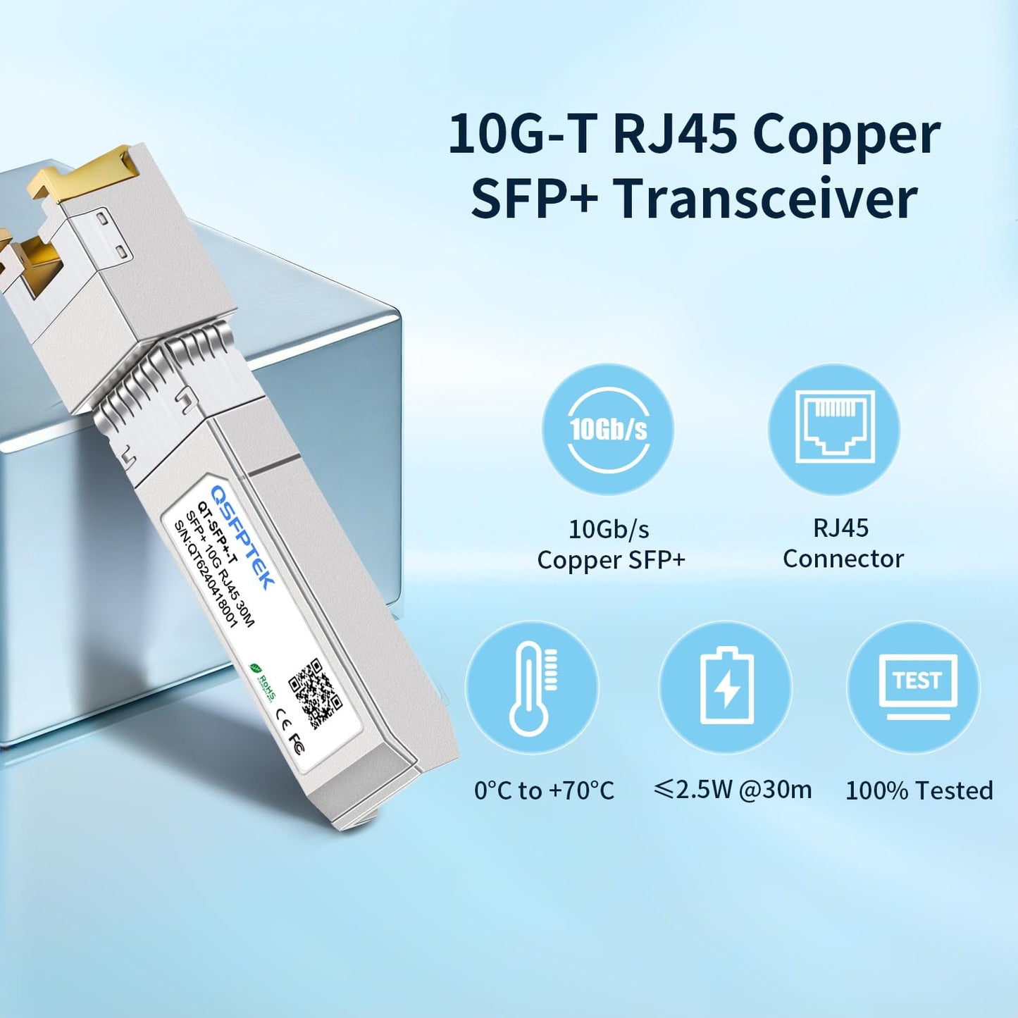 QSFPTEK 10GBASE-T SFP+ Copper Module, 10gb SFP Transceiver, SFP to Ethernet, 10 gigabit Mini-GBIC SFP to rj45 for Intel E10GSFPT, up to 30m