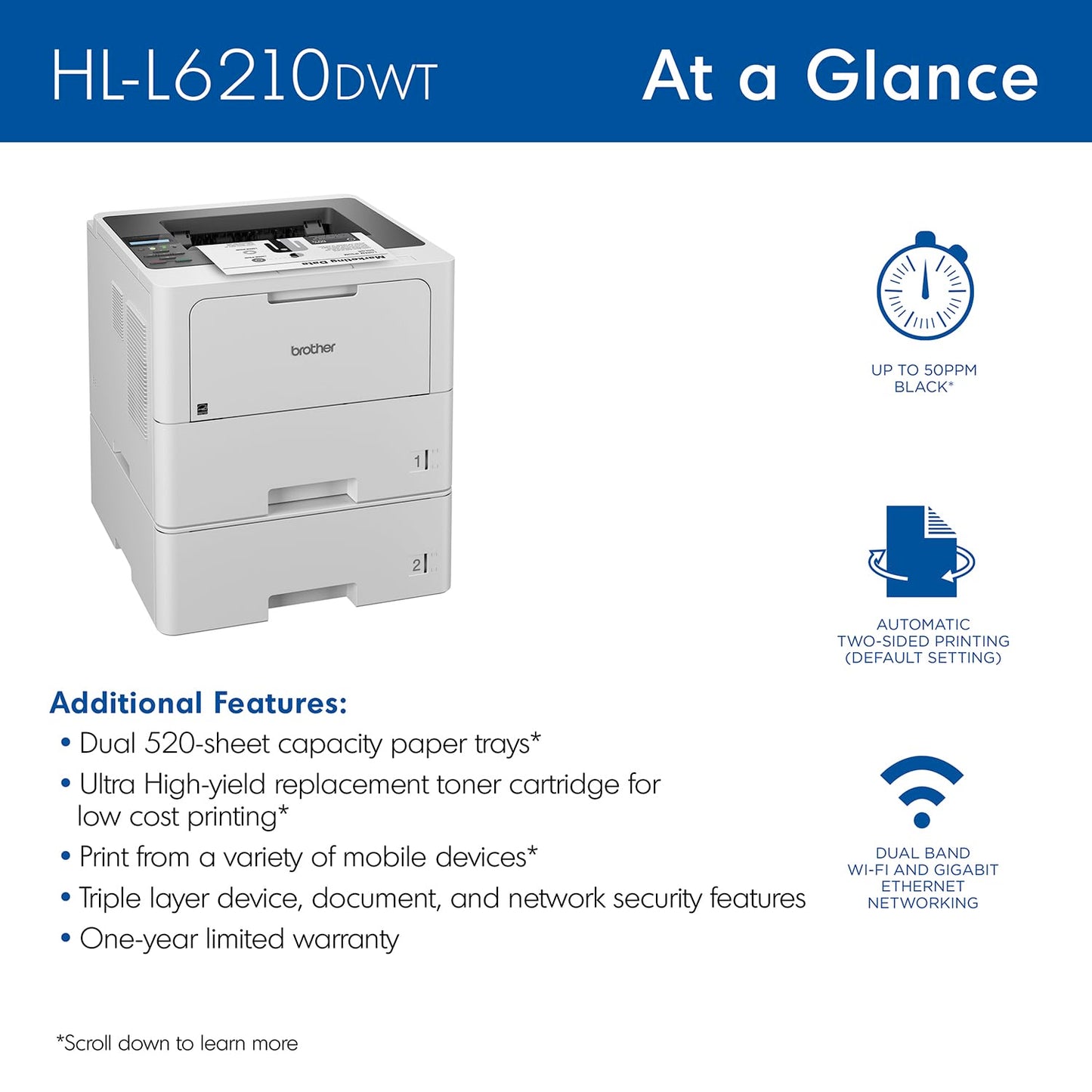 Brother HL-L6210DWT Business Monochrome Laser Printer with Dual Paper Trays, Wireless Networking, Works with Alexa, White