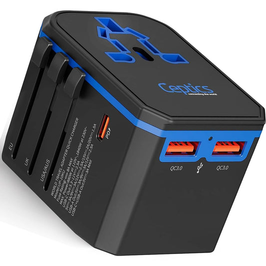 Ceptics International Power Adapter – Universal Travel Adapter with 30W USB-C PD, 2 USB-A Ports, Type A/C/G/I Plugs for Worldwide Use, UP-10KU