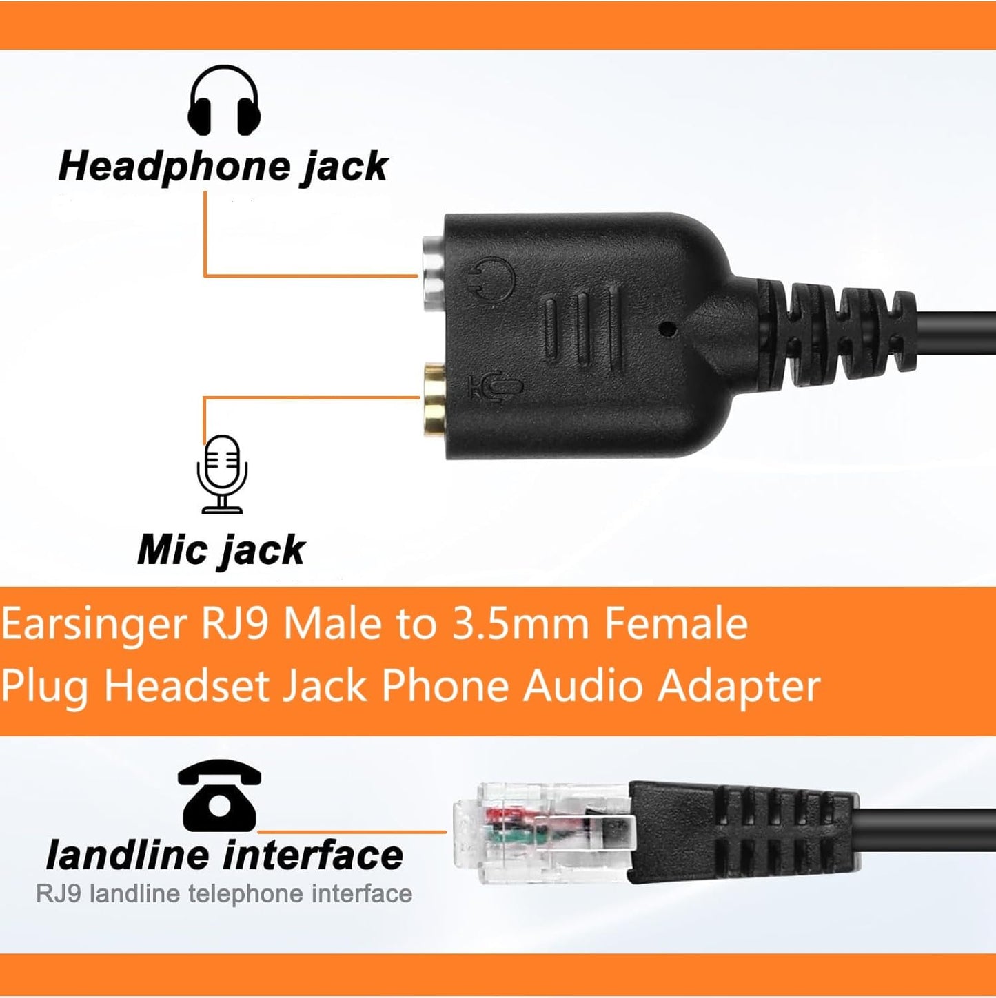 Earsinger RJ9 Male to 3.5mm Female Plug Headset Jack Phone Adapter Cable PC Dual 3.5mm Headset to RJ9/RJ10/RJ22 Phone Adapter