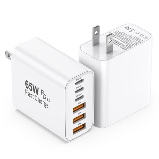 USB C Charger Block,2 Pack 65W 6 Port USB C Wall Charger,6 in 1 iPhone Charger Fast Charging PD+QC Power Adapter Multiport Type C Brick Chargers