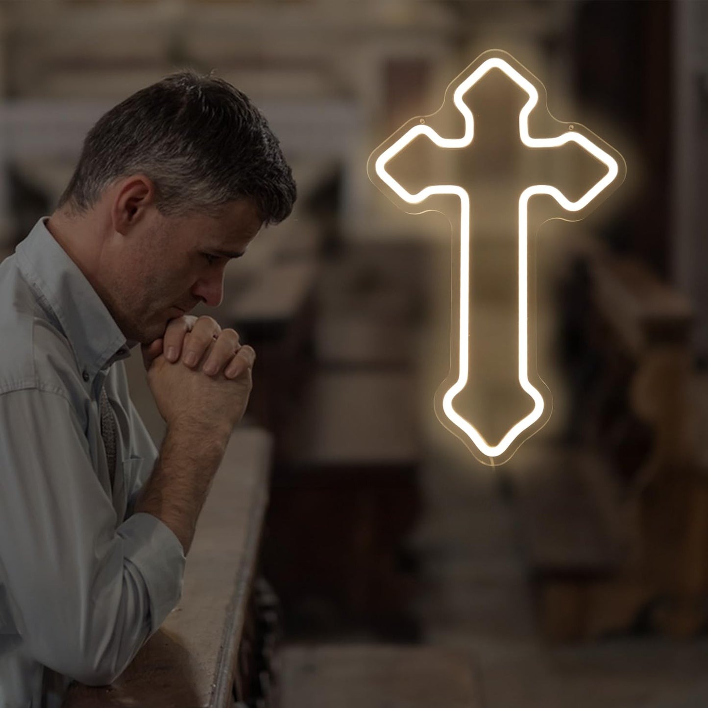 OvoNinn Cross Neon Sign Jesus Neon Lights Signs LED Light Sign for Wall Decor Dimmable Neon Cross Sign for Bedroom Living Room Wedding Warm White