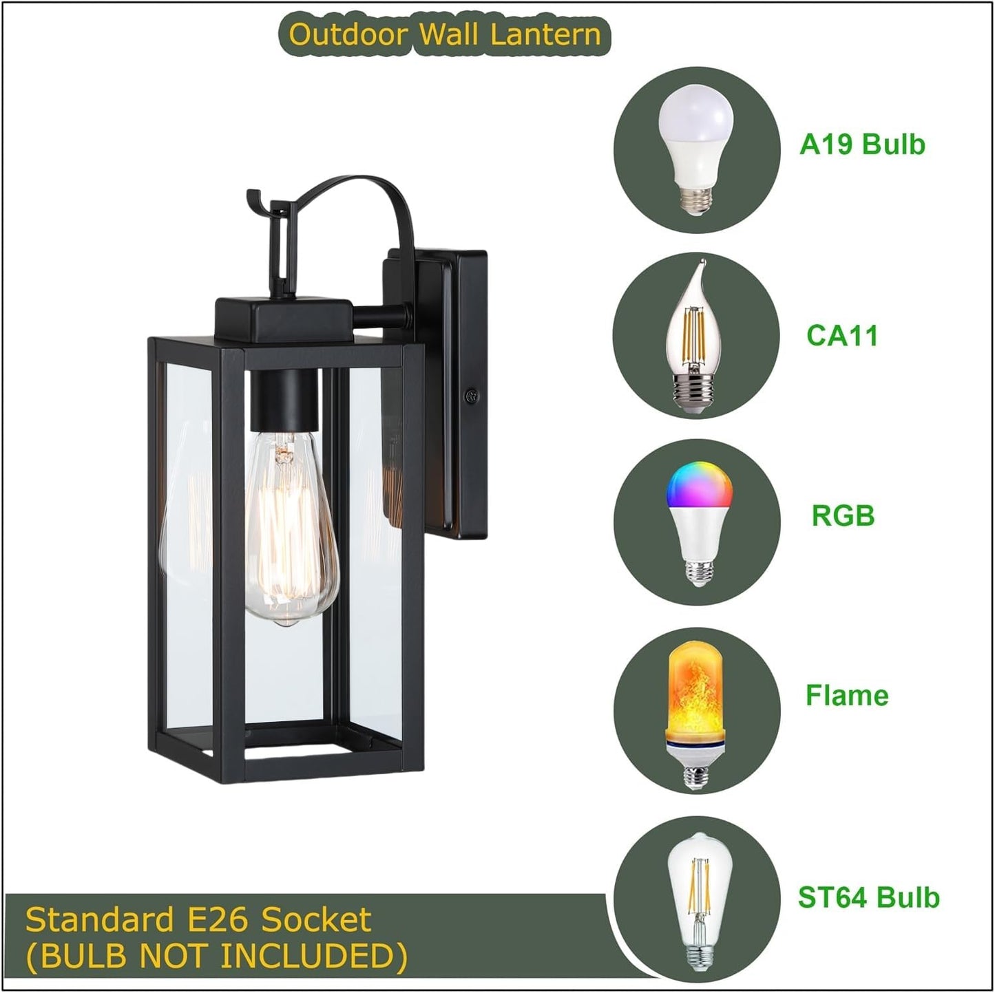 WISBEAM Black 13.7in Outdoor Wall Lantern for House, Black Outdoor Porch Sconce Light Fixture, E26 Base 60W Max, Metal Housing Plus Glass, ETL