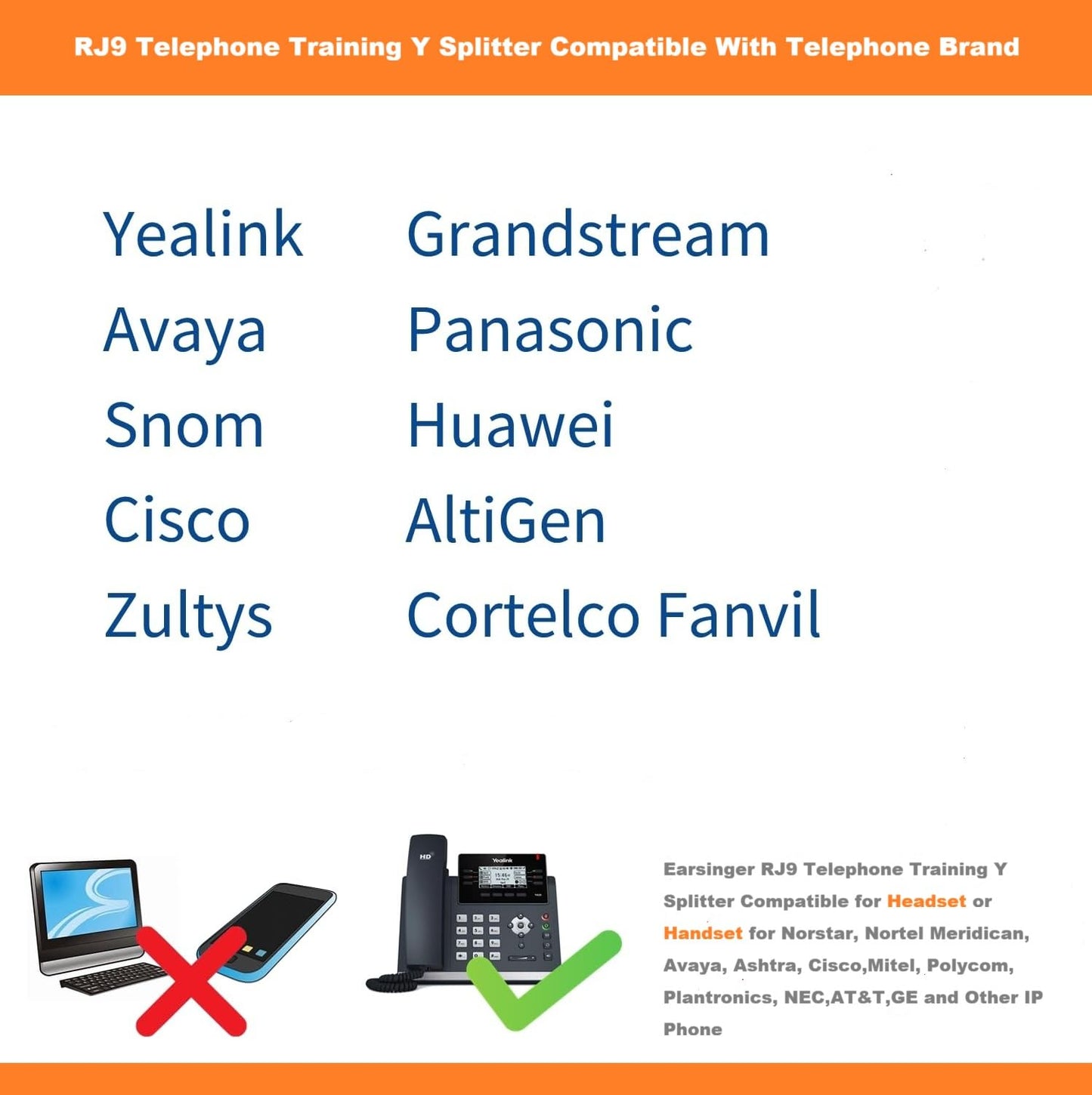 RJ9 Telephone Training Y Splitter Compatible for Headset or Handset for Norstar, Nortel Meridican, Avaya, Ashtra, Cisco,Mitel, Polycom, Plantronics