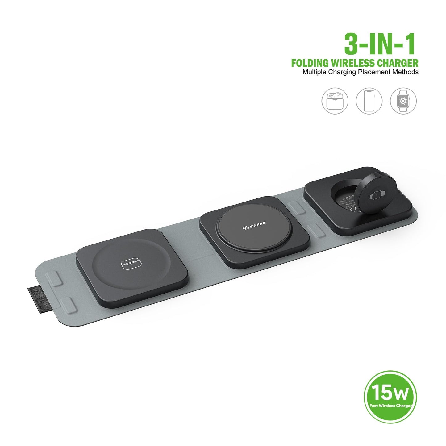 Esoulk 3-in-1 Wireless Travel Charger for iPhone, Airpods, Apple Watch - 15W 5W 2.5W for Smart Phone Watch Compact Foldable Travel Pocket Size