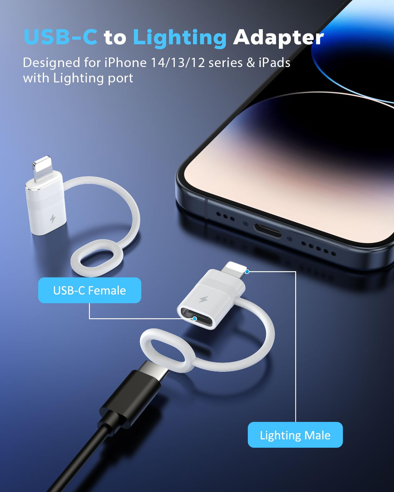 MoKo USB C to Lightning Adapter with 36W PD Fast Charging, USB-C Female to Lightning Male Adapter for iPhone 14/13/12/11/iPad/iPod/AirPods…