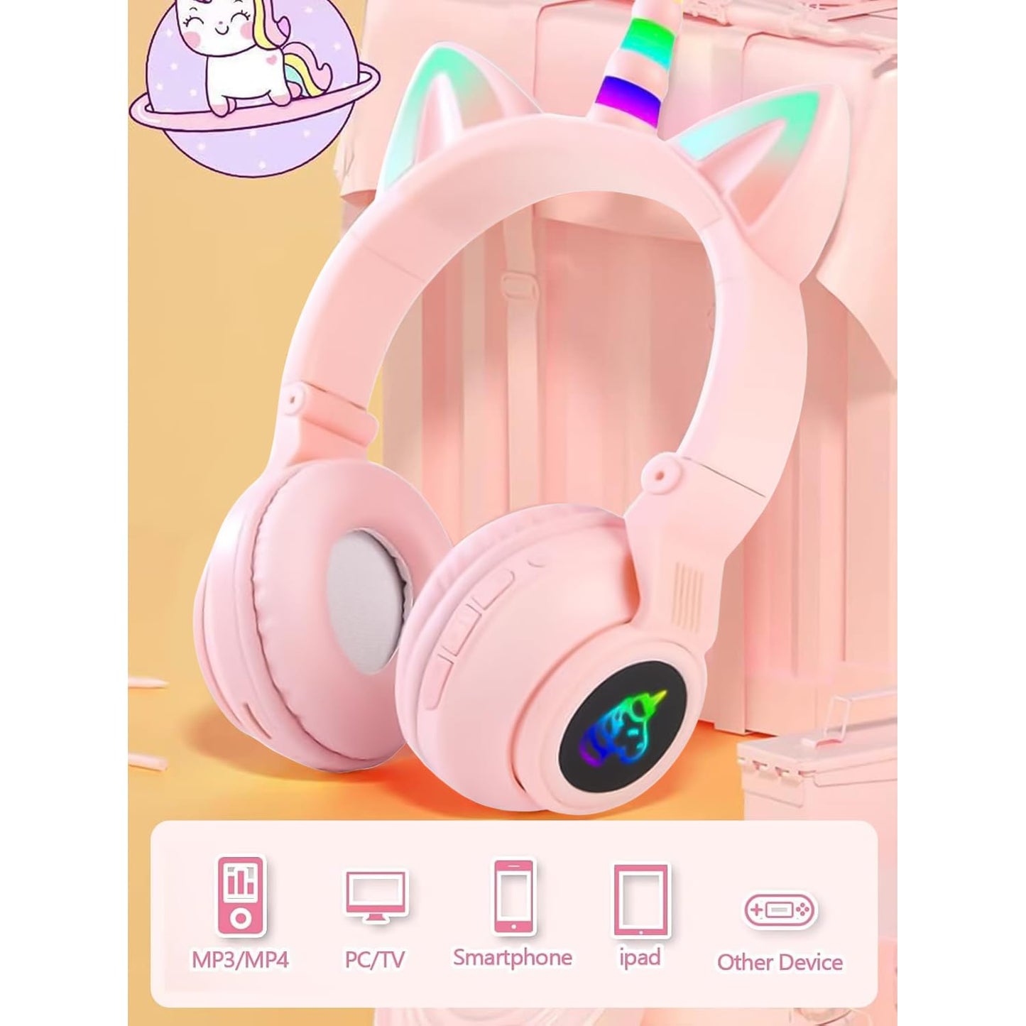 KERHAND Unicorn Kids Bluetooth Headphones, Wireless, Safe Volume, LED, Pink