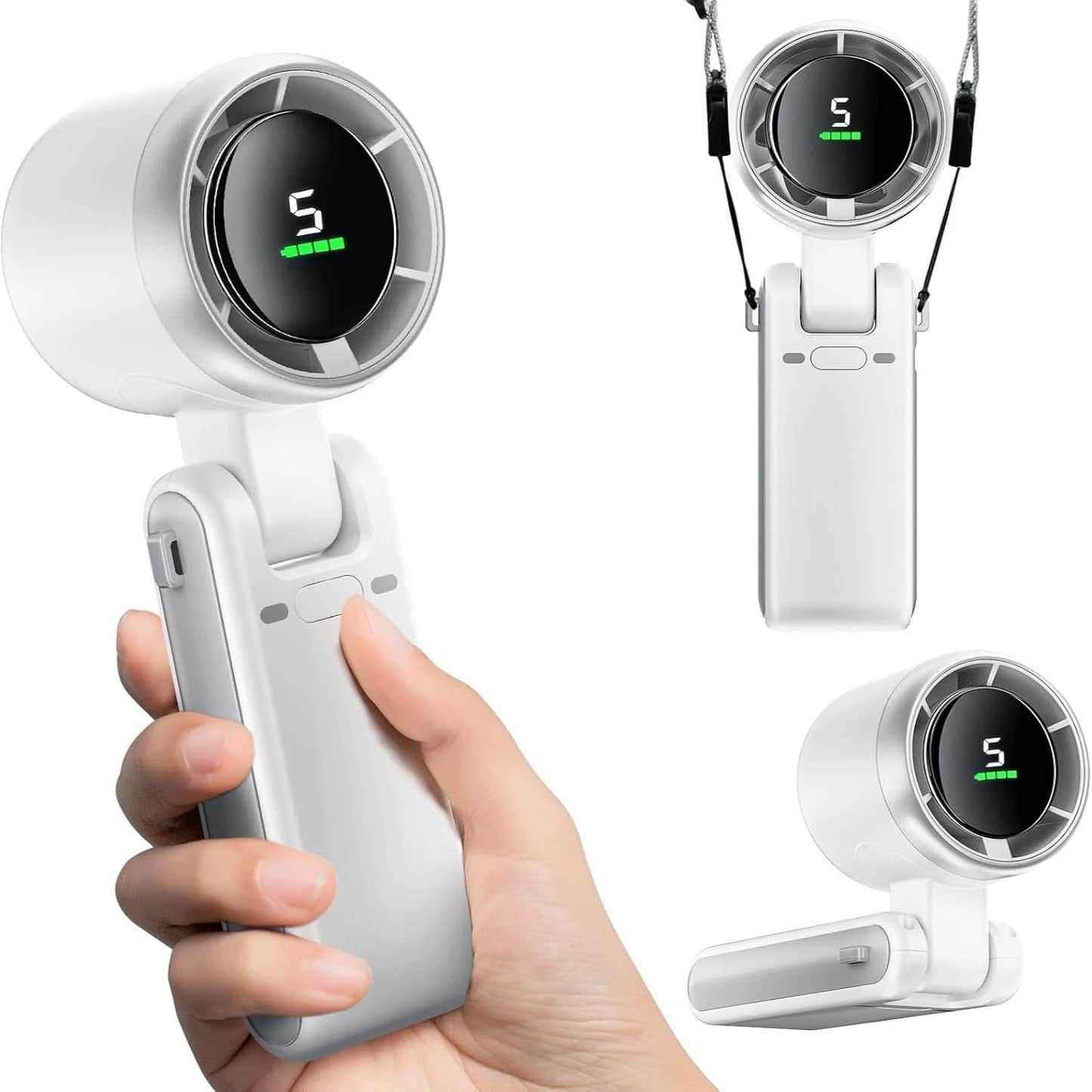 Huinechno Rechargeable Handheld Personal Fan with LED Display, High-Power Motor, LED Display, Small Pocket Fans for Travel/Cruise/Beach (White)