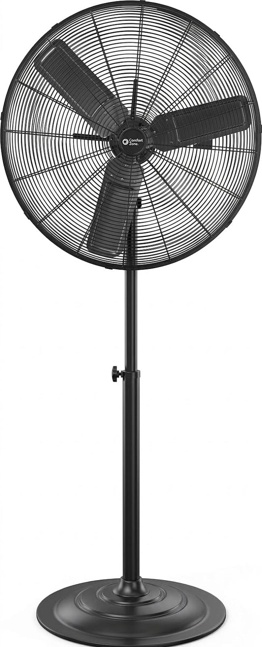 Comfort Zone Industrial Pedestal Fan, 30 inch, 3 Speed, High Velocity, Adjustable Height 56” to 76”, Metal, Meets OSHA Standards, Airflow 36 ft/sec