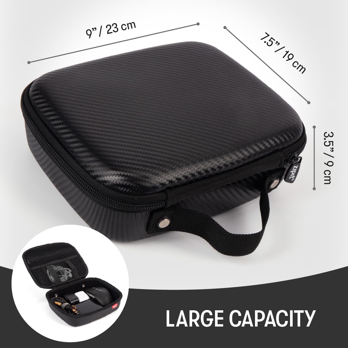ZIPIT Carbon Electronic Organizer Case, Hard Shell EVA Travel Cable Organizer for Chargers, Cords & Tech Accessories, Black