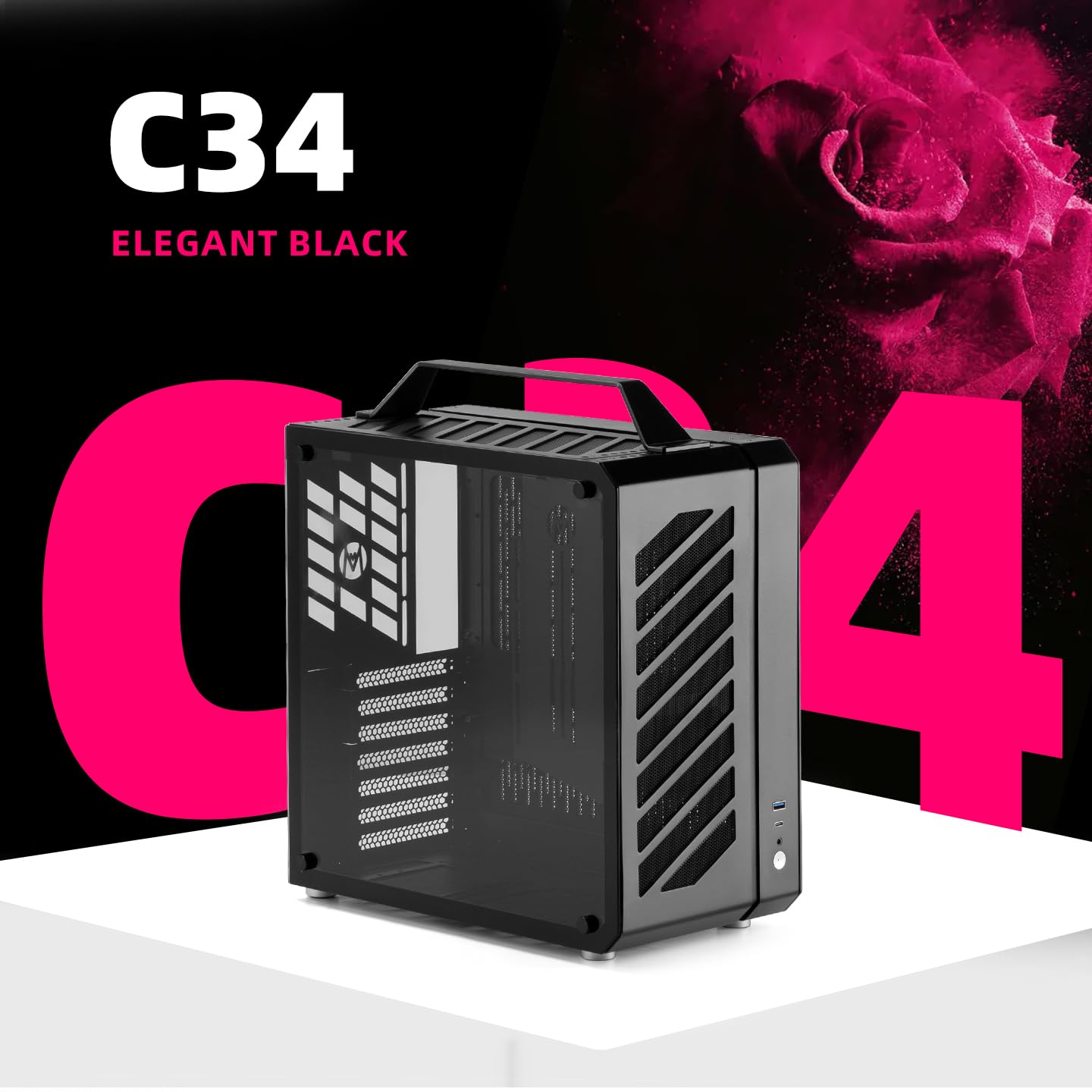 Mechanic Master C34 Compact ATX Case with Carry Handle, Portable Desktop Computer Chassis, Supports 240mm Liquid Cooling & ATX PSU, GPU up to 335mm