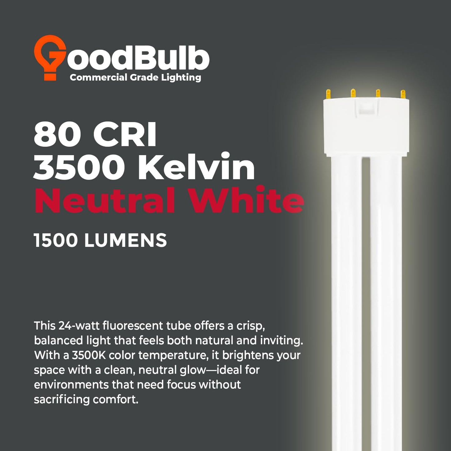 GoodBulb PLL24/835 | 24W 12.7" Twin Tube Compact Fluorescent Light Bulb | 4-pin 2G11 Base 3500K Neutral White 1500 Lumen | 36000 Hour Long Life Biax |