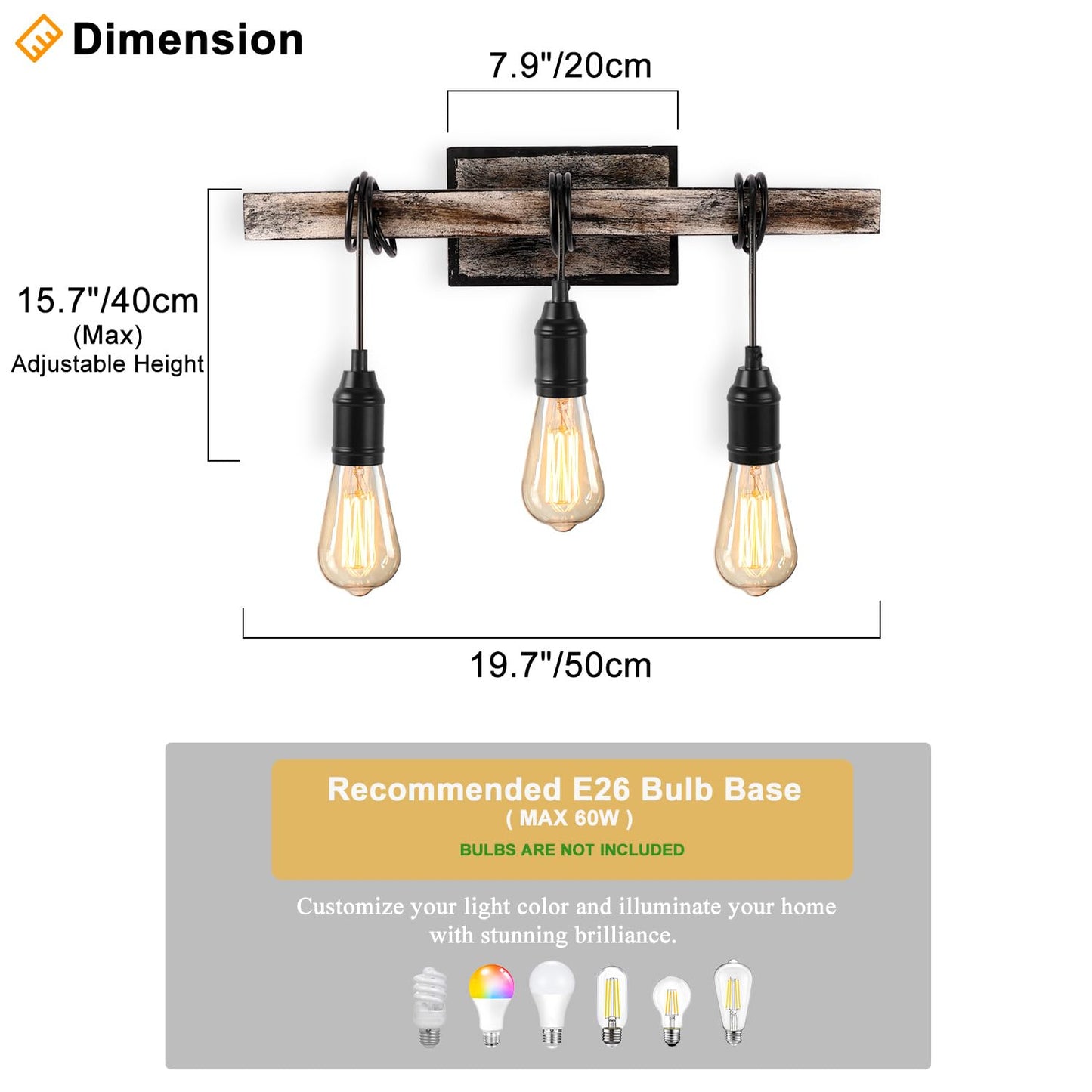 LMSOD 3 Lights Vintage Wall Sconce, Farmhouse Industrial Bare Bulb Wire Wrapped Wood Beam Linear Bathroom Vanity Light
