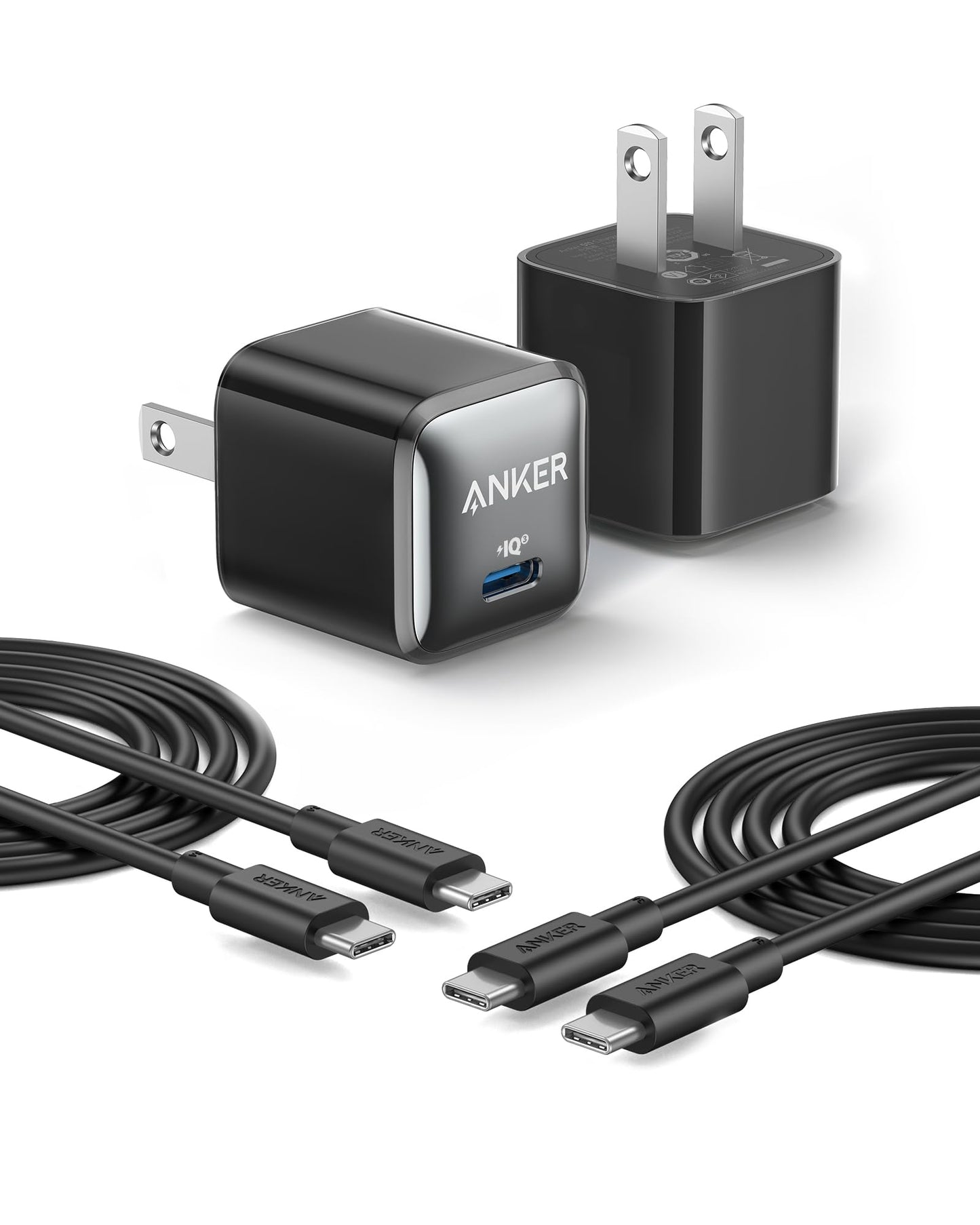 Anker USB C Charger Block, 20W PIQ 3.0 Compact Fast Charging for iPhone 17/16/15 and More Series, Galaxy, Pixel 4/3, iPad (2 Pack & 2 Cable)