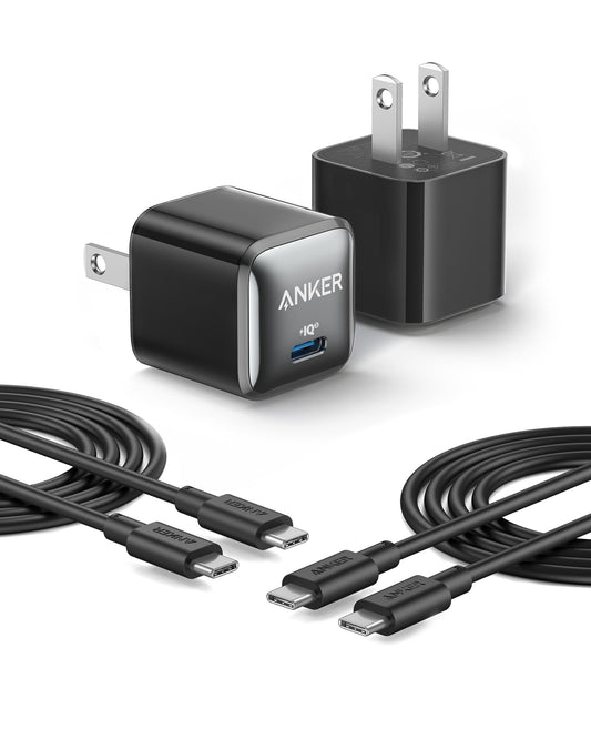 Anker USB C Charger Block, 20W PIQ 3.0 Compact Fast Charging for iPhone 17/16/15 and More Series, Galaxy, Pixel 4/3, iPad (2 Pack & 2 Cable)