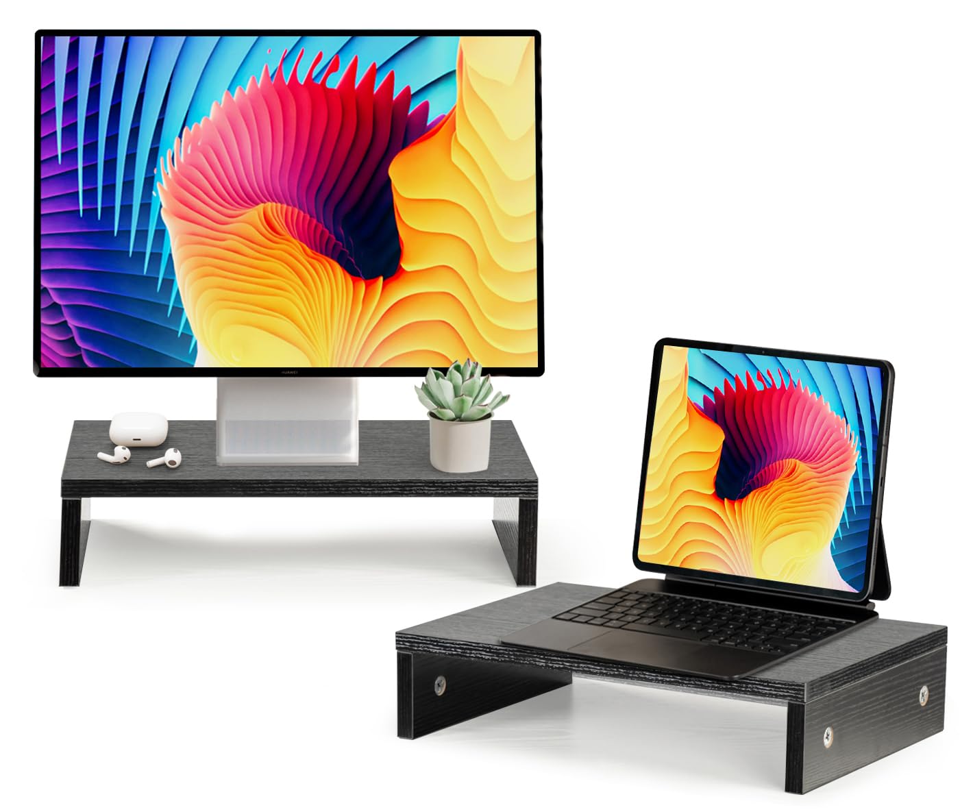 Monitor Stand Riser for Desk 2 Pack, Computer Stand Dual Monitor Riser, Monitor Stand Riser MDF 2 Tier Adjustable Monitor Stand