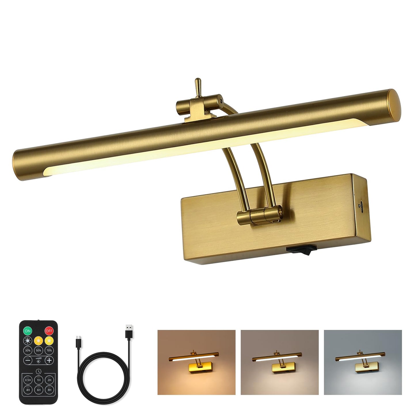 7Degobii Battery Operated Picture Light with Remote,Wireless Gallery Lights Brass 12in Rechargeable Display Light with Flexible Swing Arm,Dimmable