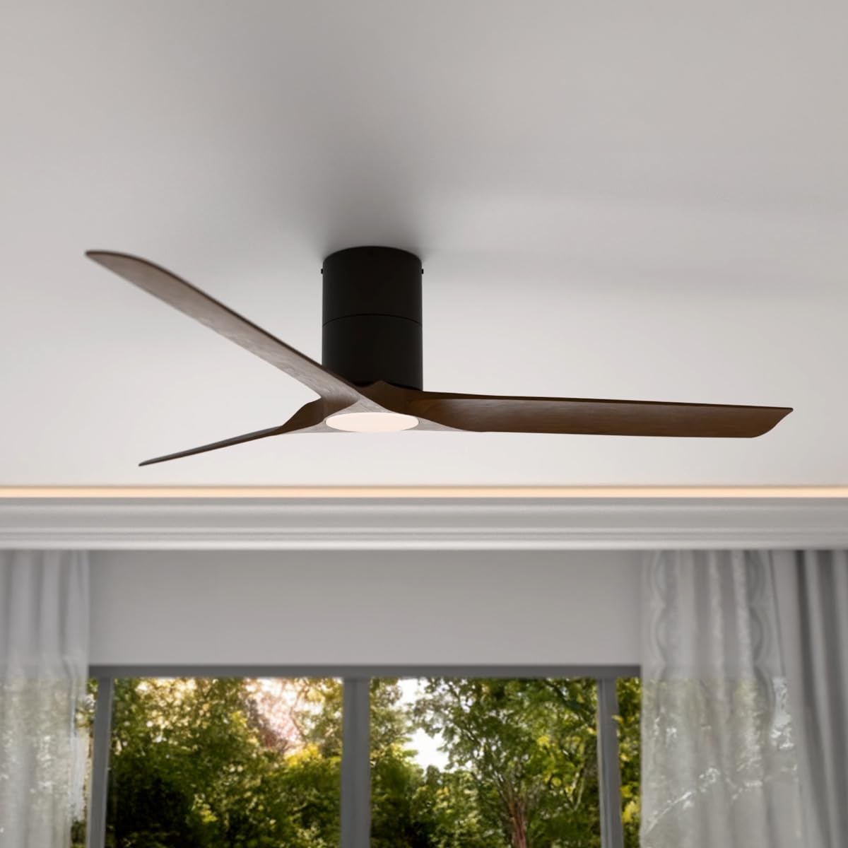 East Grove Home Delta Indoor or Outdoor 52in 3-Blade Smart Flush Mount Ceiling Fan 2700K-6000K CCT Tunable Range LED Light Kit with Black Hardware in