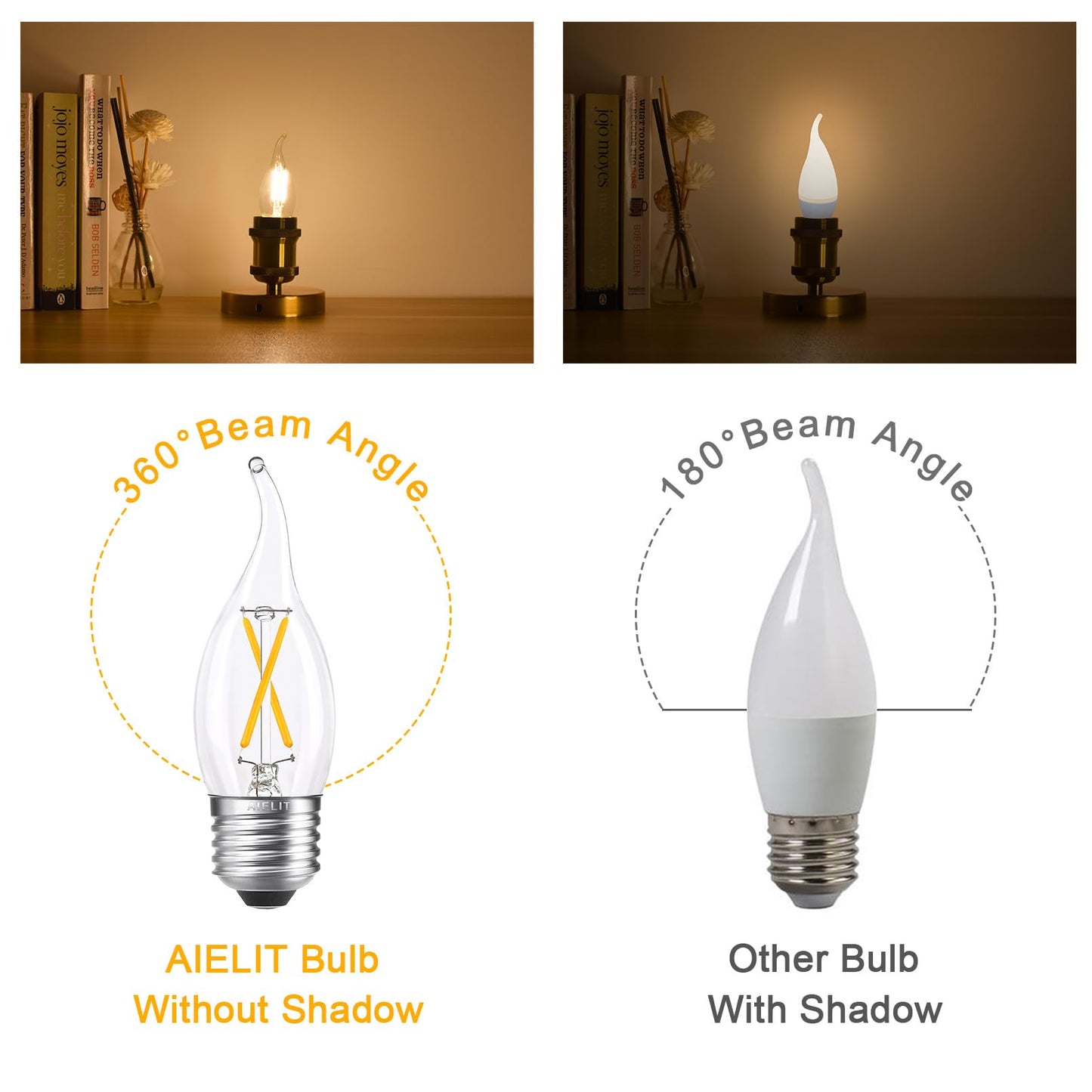 AIELIT Dimmable E26 LED Bulb 25W Equivalent, Candelabra Light Bulbs, Energy Efficient 2W, Warm White 2700K, 200lm Flame Tip CA10 LED Light Bulb