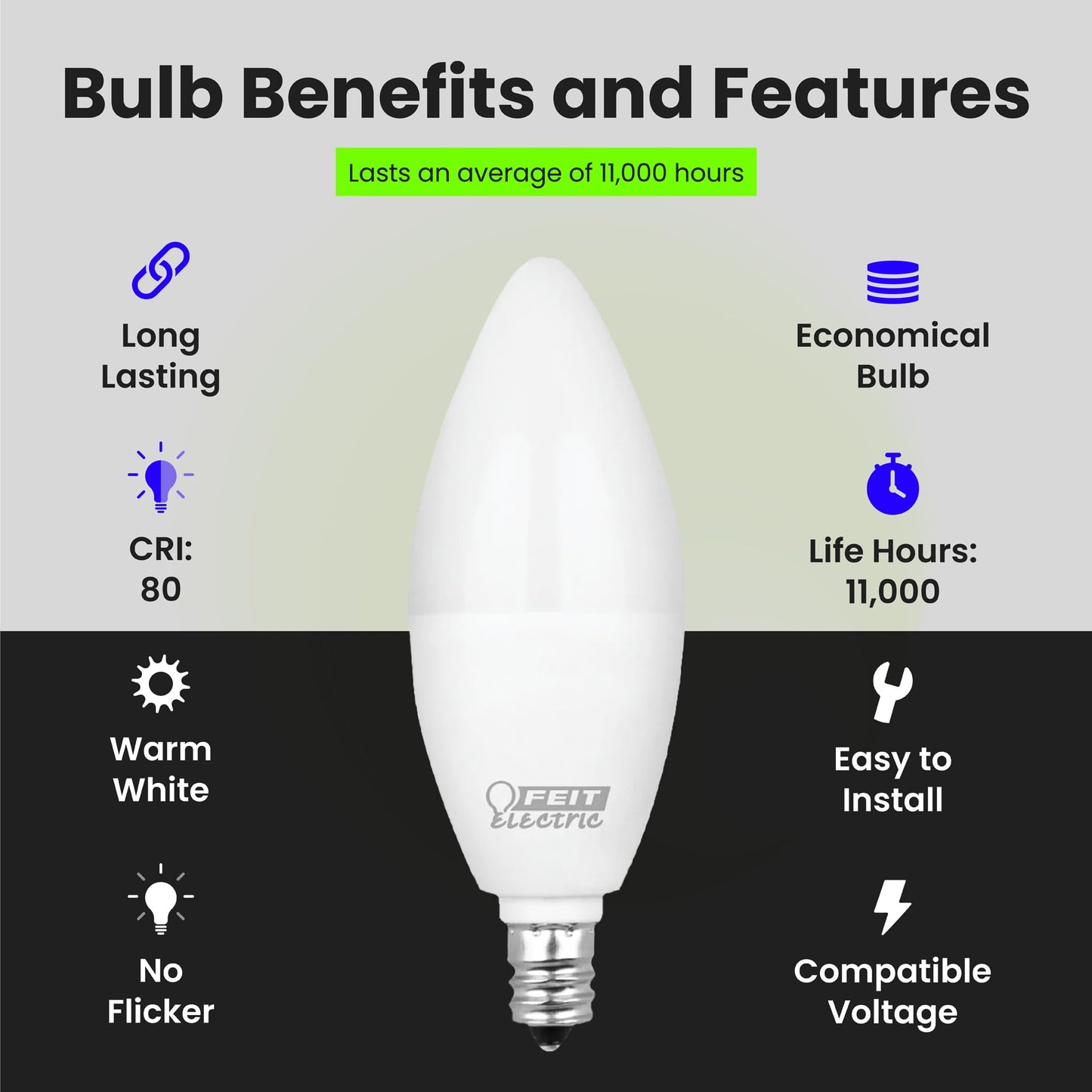 Feit Electric CTF40/10KLED/3 Non-Dimmable Led Bulb, 40 W, 120 Vac, 300 Lumens, 3000 K, CRI >80, 4 in L, 3.9" H x 1.4" D, Warm White, 3 Piece