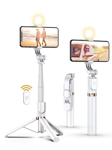 Selfie Stick Tripod with Wireless Remote, 46'' Cellphone Selfie Stick Tripod with LED Fill Light, for iPhone 16/15/14/14 pro/13/13 Pro/12/11/11 Pro/XS