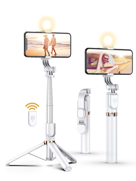 Selfie Stick Tripod with Wireless Remote, 46'' Cellphone Selfie Stick Tripod with LED Fill Light, for iPhone 16/15/14/14 pro/13/13 Pro/12/11/11 Pro/XS