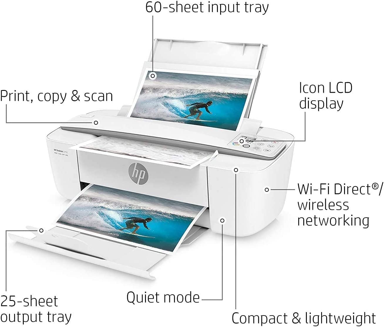HP DeskJet 3755 Compact All-in-One Wireless Printer with WiFi Mobile Printing, Scanner - Copier - Instant Ink Cartridge ready - Black/ Color Combo