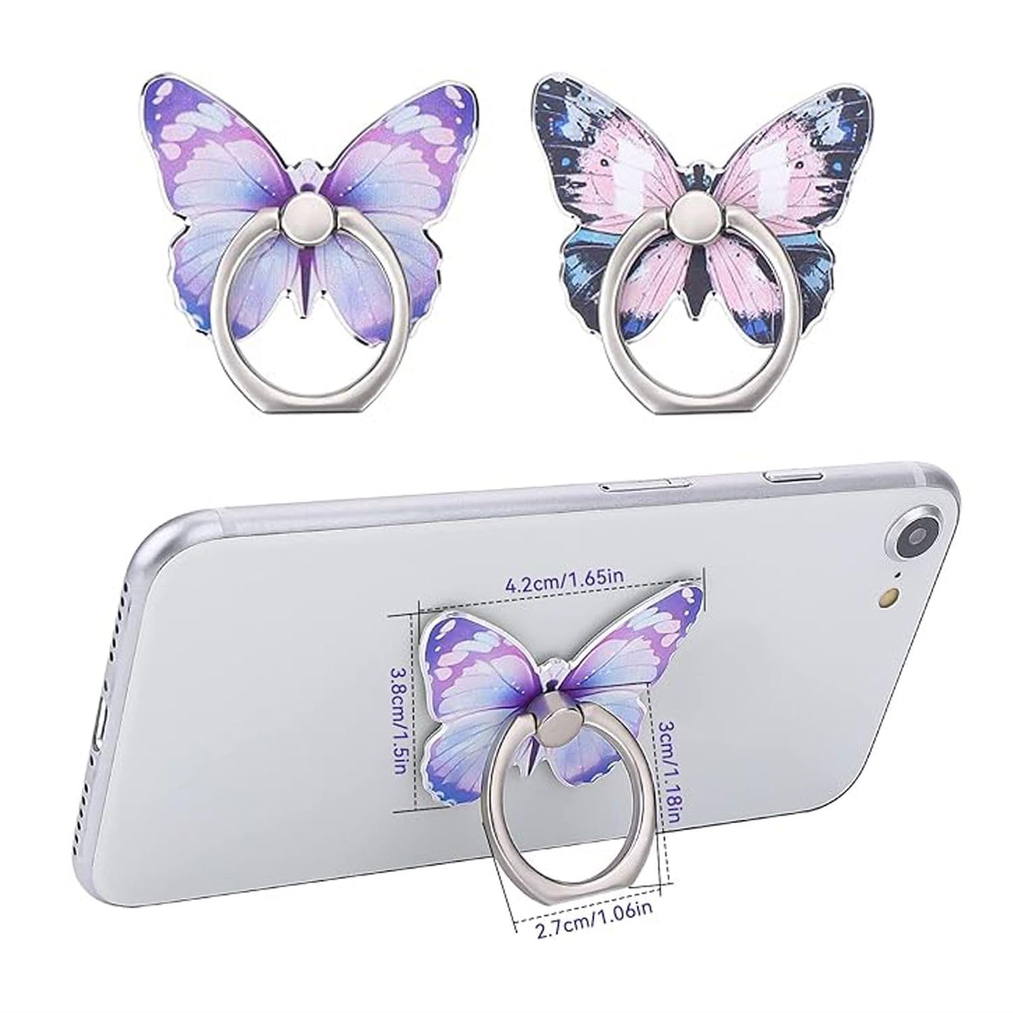 2 Pcs Butterfly Cell Phone Ring Stand Holder, Cute Butterfly Design Finger 360° Rotating Metal Hand Phone Stand Holder, with Adjustable Knob Loop