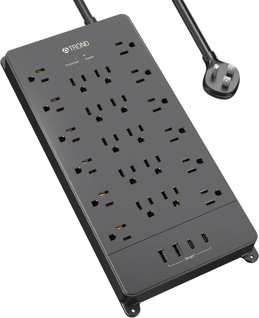 TROND Surge Protector Power Strip, 5ft Flat Plug Extension Cord with Multiple Outlets, 22 Widely Spaced AC with USB Ports, 4000 Joules, Heavy Duty