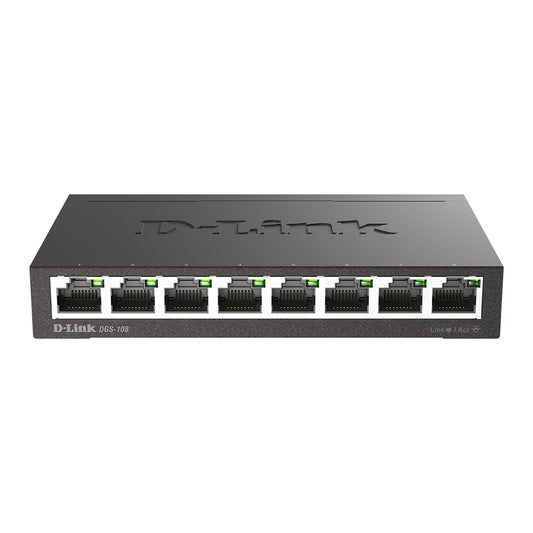 D-Link DGS-108, 8 Port Gigabit Ethernet Switch Unmanaged, Network Splitter, Silent Fanless, Network Hub, Sturdy Metal with Shielded Ports, Compact