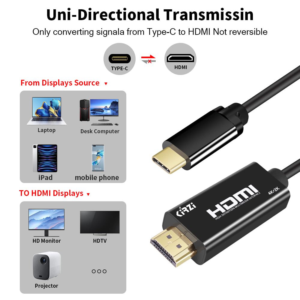 Kirzi USB C to HDMI Cable 25ft, [4K@60Hz, High-Speed] Type C to HDMI Cable， [Thunderbolt 3/4 ] Compatible with Chromebook, MacBook Pro/Air 2023, iPad