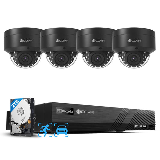 4COVR 4K PoE Security Camera System, AI Human Vehicle Detection, 4Pcs 8MP IK10 Vandal-Proof Dome IP Camera with Mic, 8CH 8MP H.265 NVR with 2TB HDD