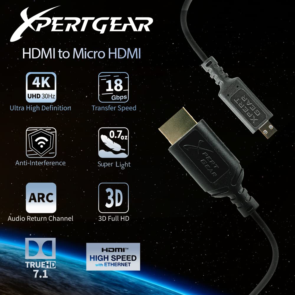 Xpert Gear HDMI to Micro HDMI 2.0 Cable, [0.5M / 1.64FT], Ultra Thin, 2.5mm OD, 18Gbps, (Type A to Type D), Premium High Speed, 40AWG Coaxial, 4K UHD