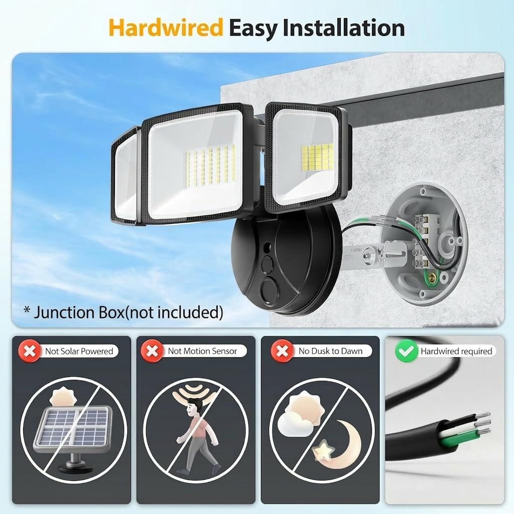 Onforu 75W Flood Lights Outdoor, 7000LM Brightness Security Lights Switch Controlled, 3 Adjustable Heads, IP65 Waterproof, 6500K Wall Mount Exterior