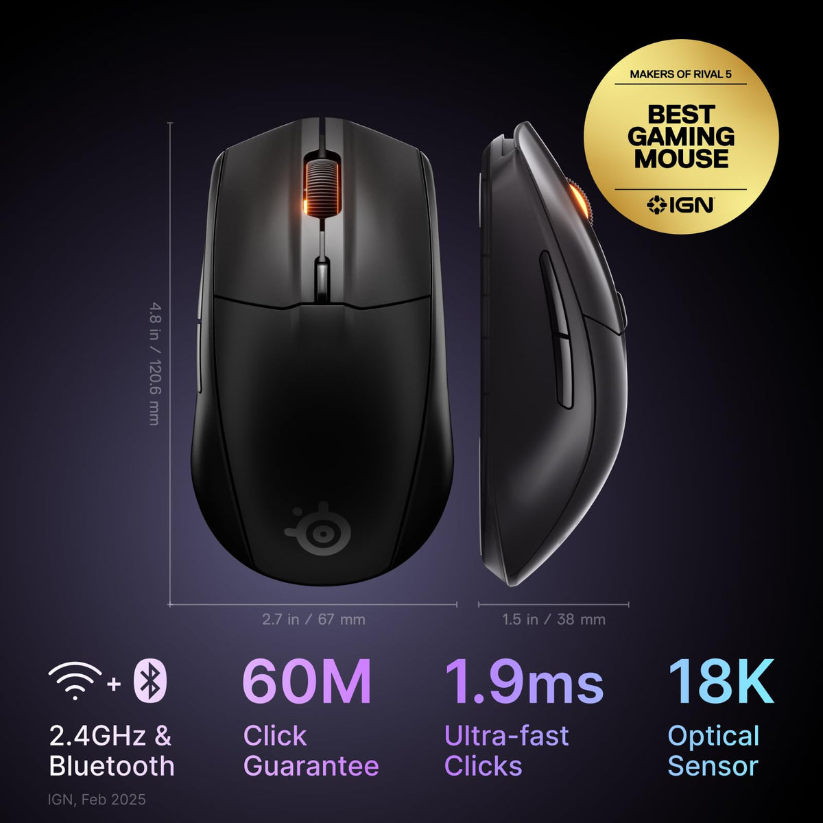 SteelSeries Rival 3 Wireless Gen 2 Gaming Mouse - 2.4GHz and Bluetooth - 18000 DPI TrueMove Air Optical Sensor - 60 Million Click Durability