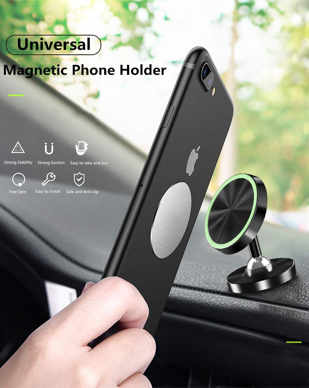WeTest Magnetic Car Mount Phone Holder, Luminous 360° Rotate Cell Phone Holder for Car Dashboard Compatible Phone X XS XR MAX 8 Plus, S9 S8 Plus, GPS
