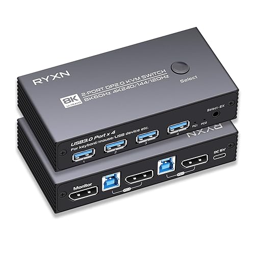 8K DP KVM Switch for 1 Monitor 2 Computers, DisplayPort 2.0 Share USB 3.0 Devices With 4 USB Hub, Support 8K@60Hz, 4K@240Hz/175Hz/144Hz, Extension