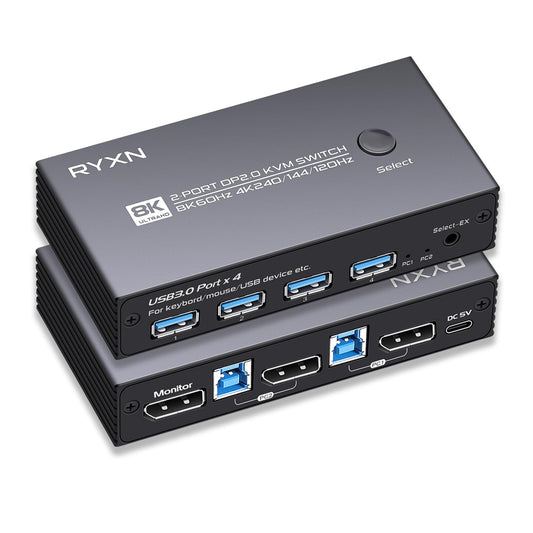 8K DP KVM Switch for 1 Monitor 2 Computers, DisplayPort 2.0 Share USB 3.0 Devices With 4 USB Hub, Support 8K@60Hz, 4K@240Hz/175Hz/144Hz, Extension