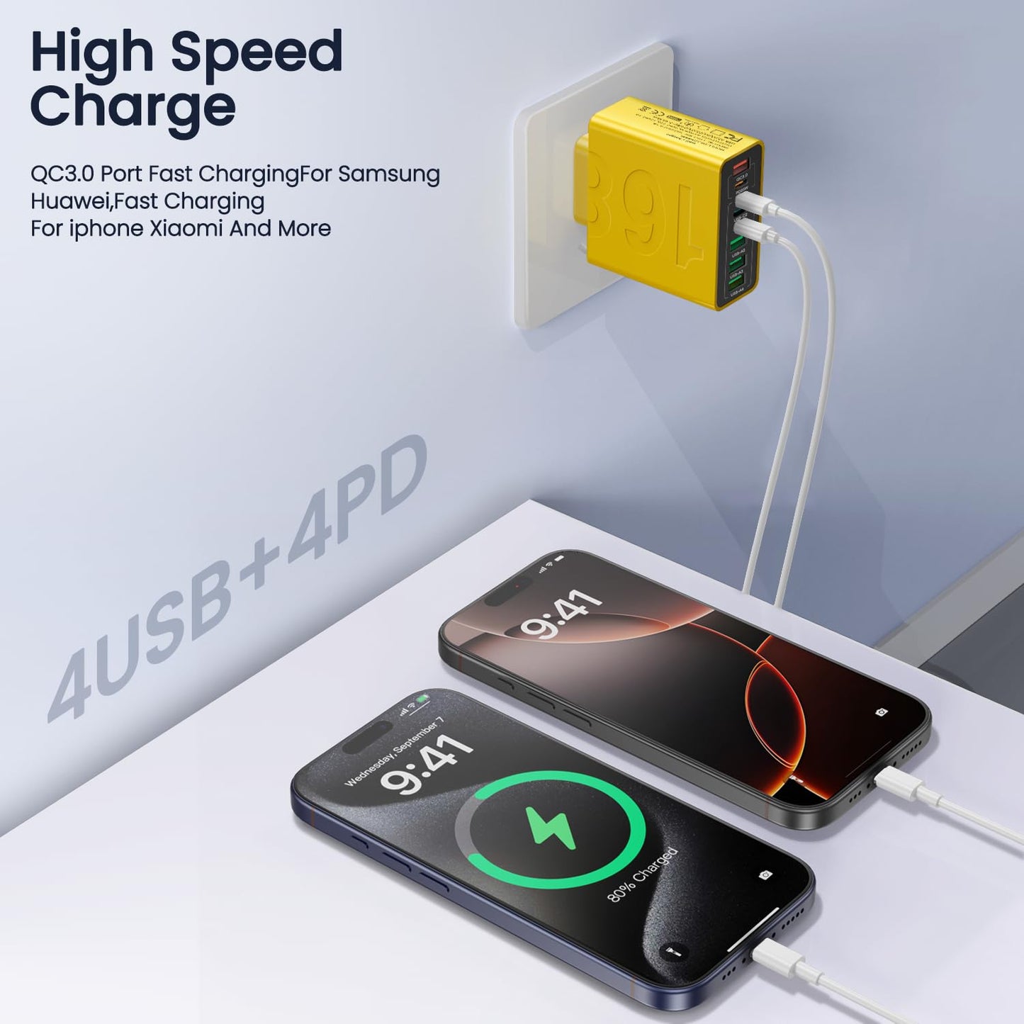8-Port USB Type-C Fast Charger Block for iPhone & Samsung - Yellow (1 Piece)