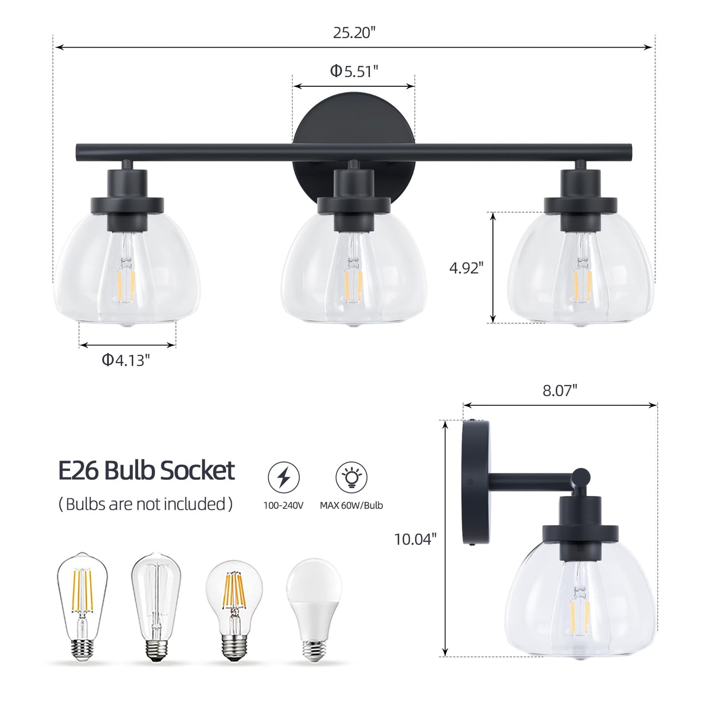 Smplhavn 2025 Upgraded 3-Light Bathroom Light Fixtures, 25 Inch Black Modern Vanity Lights with Clear Glass Shade, Bathroom Wall Lamp over Mirror