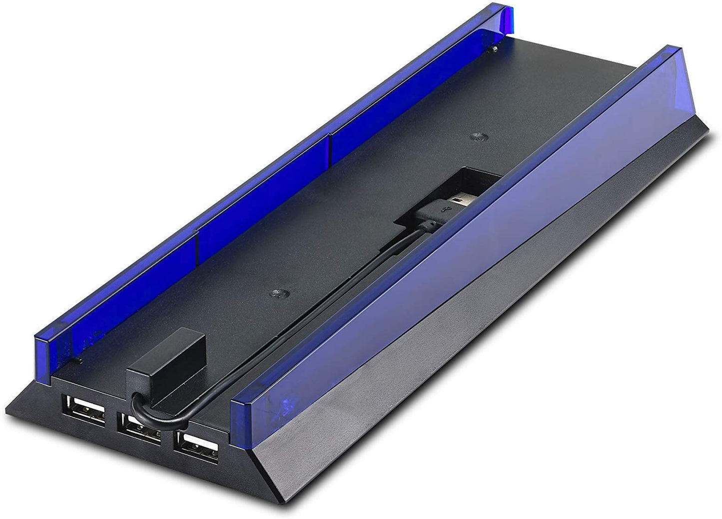 KlsyChry Stand with HUB & Blue Light for PS4, Blue Led Light Vertical Stand Base with 3 USB HUB Port for Sony PlayStation 4 PS4 Console (Black)