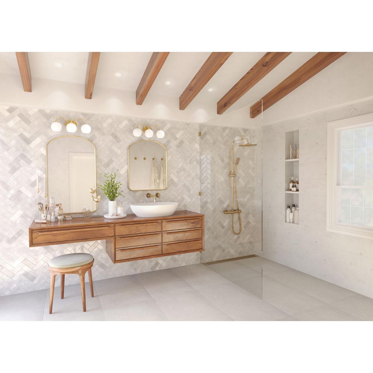 Progress Lighting Carisa Collection 3-Light Opal Glass Mid-Century Modern Bath Vanity Light Vintage Gold