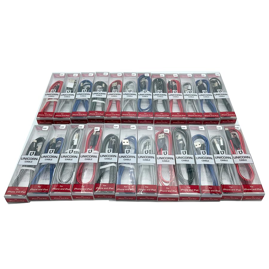 Unicorn Trade 25 Packs Supreme USB Charging Cables Compatible with iPhone Series 14 or Earlier USB to 8-Pin Charge + Sync Data Braided Cable 3.3ft