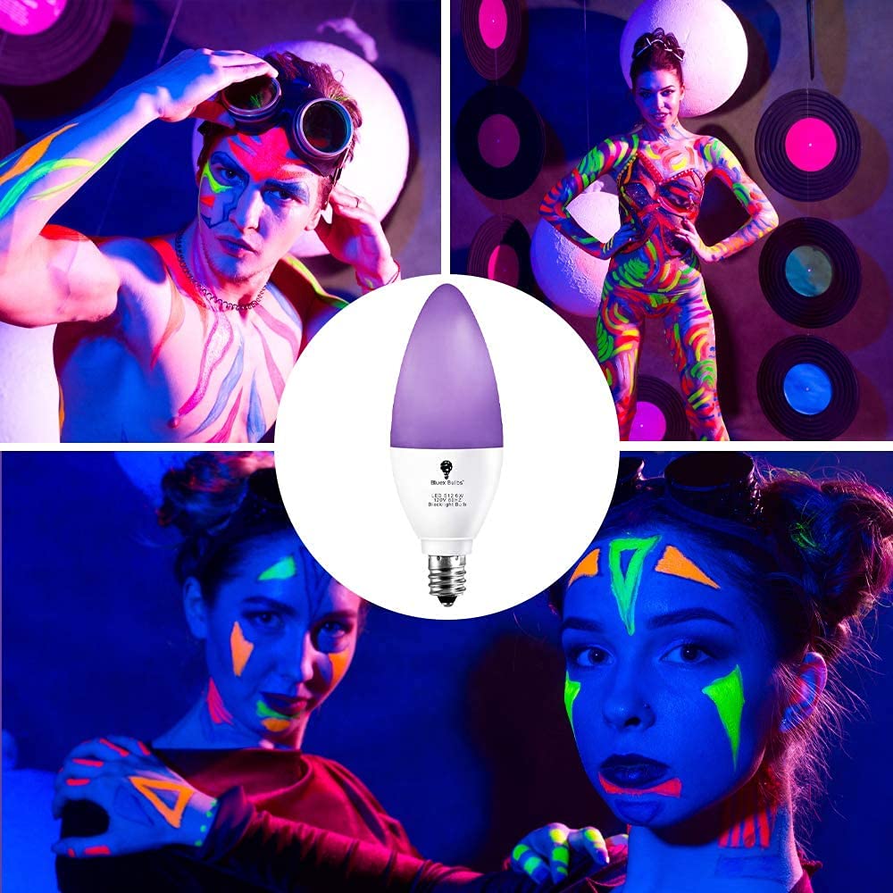 6 Pack LED Black Light Bulb, 6W E12 Candle Blacklight Bulb Level 385-400nm, Body Paint, Glow in The Dark Party E12 LED Light Bulb Neon Glow