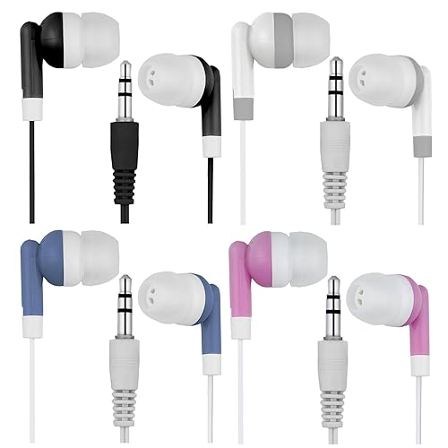 LowCostEarbuds Bulk Pack of 50 Mixed Candy Color Individually Packaged 3.5mm in-Ear Earbuds/Headphones - Great for Schools/Kids/Libraries