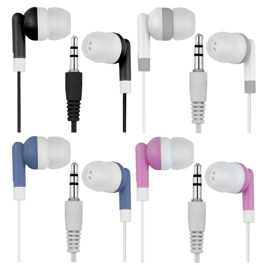 LowCostEarbuds Bulk Pack of 50 Mixed Candy Color Individually Packaged 3.5mm in-Ear Earbuds/Headphones - Great for Schools/Kids/Libraries