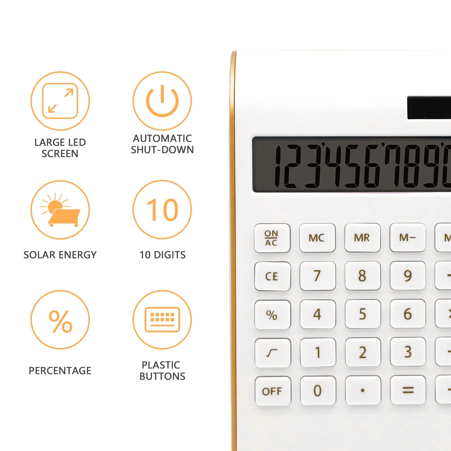 Gold Calculator, 10 Digits Solar Battery Basic, Dual Powered Desktop Calculator, Tilted LCD Display, Inclined Design Slim by Sportsvoutdoors (White