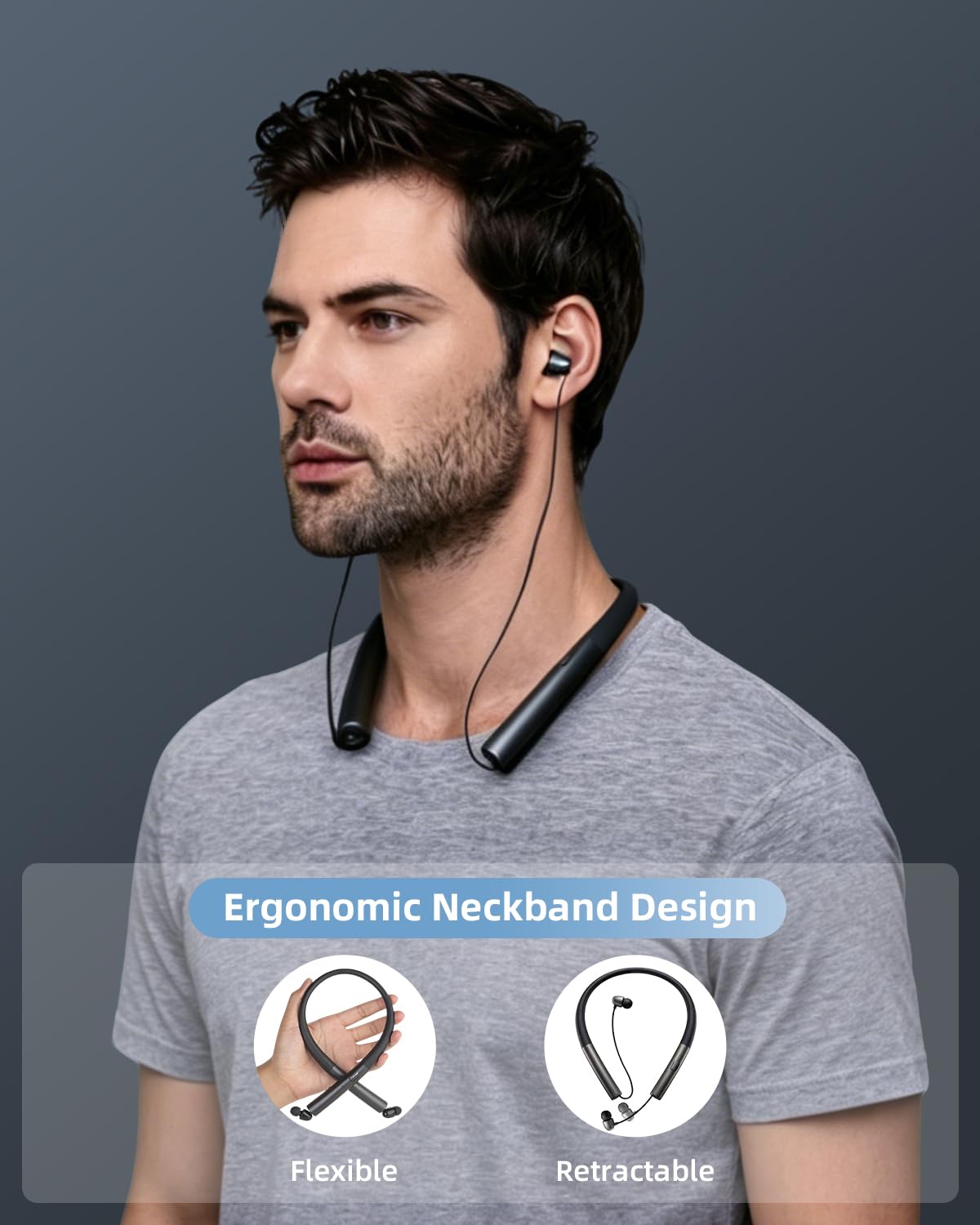 PIIWIAU Neckband Bluetooth Headphones, Retractable Headphones Bluetooth 5.3 with IPX5 Sweatproof & Vibration Alert, Stereo Noise Cancelling for Music