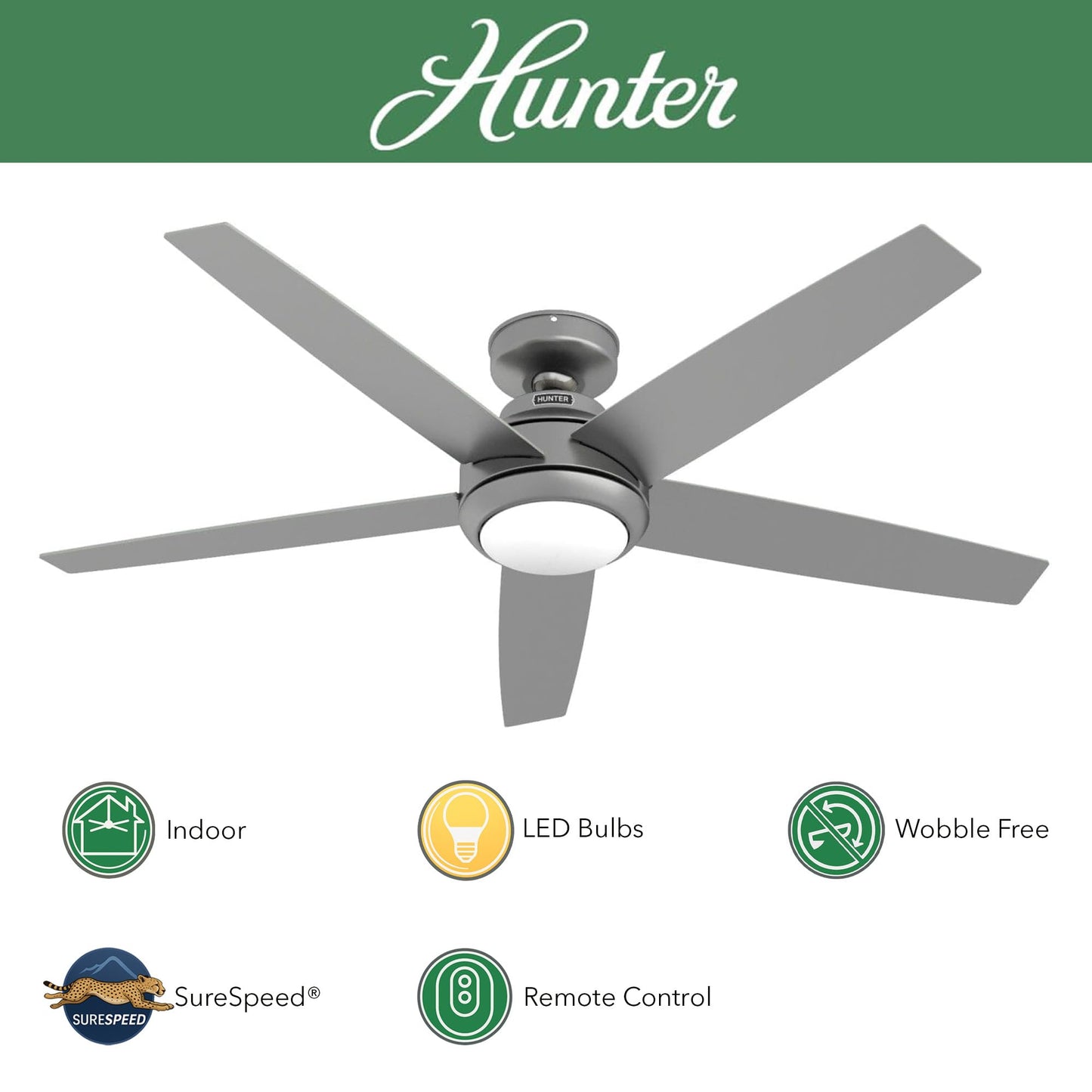 Hunter Fan 52 Inch Casual Matte Silver Finish Indoor Ceiling Fan With LED Light Kit and Remote Control (Renewed)