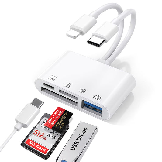 SD Card Reader for iPhone/iPad/Android, USB C & Lightening to SD/MicroSD Card Reader with USB Camera Adapter, Memory Card Reader for iPhone 15/16/17